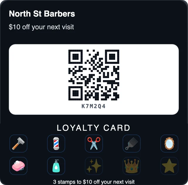 North St Barbers' loyalty card in Google Wallet: 7 of 10 stamps collected, 3 to the reward.