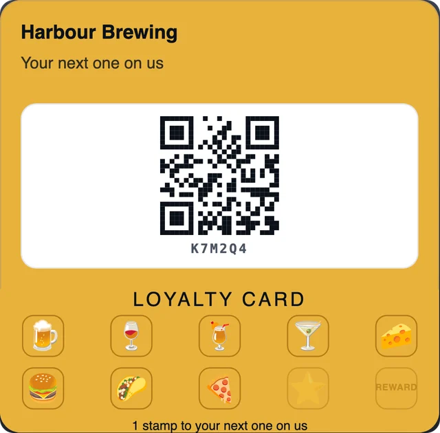Harbour Brewing's loyalty card in Google Wallet: 8 of 9 stamps collected, 1 to the reward.