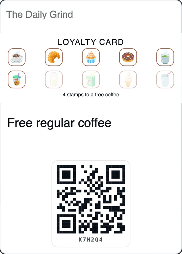 The Daily Grind's loyalty card in Apple Wallet: 6 of 10 stamps collected, 4 to the reward.