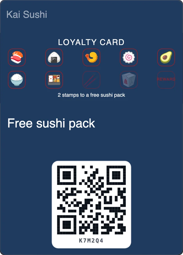 Kai Sushi's loyalty card in Apple Wallet: 7 of 9 stamps collected, 2 to the reward.