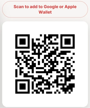 The QR code on a printed counter sheet, with &ldquo;Scan to add to Google or Apple Wallet&rdquo; above it.