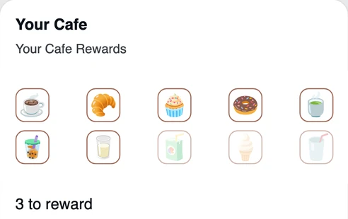 A caf&eacute; card with seven stamps collected and &ldquo;3 to reward&rdquo; under them.
