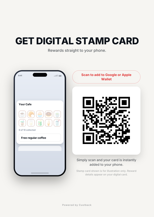 A printed counter sheet with the shop's QR code on it.